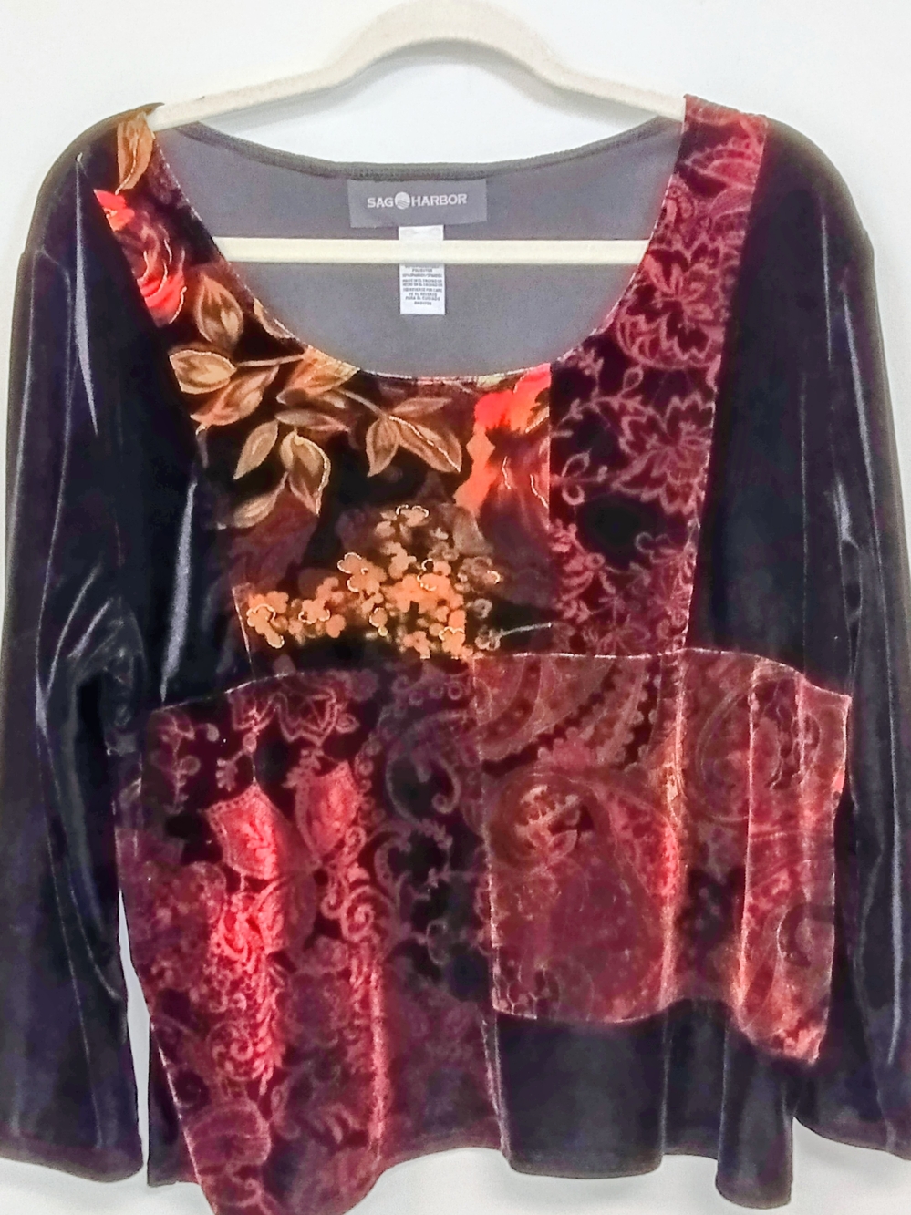 Vintage Sag Harbor Velvet Velor Patchwork Paisley Scoop Neck Top Whimsygoth L